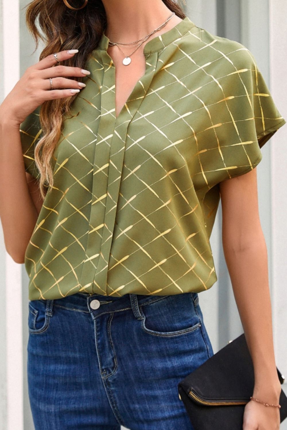 Printed Notched Short Sleeve Blouse in Size S, M, or L Matcha Green