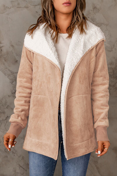 Open Front Long Sleeve Sherpa Jacket with Pockets Pale Blush