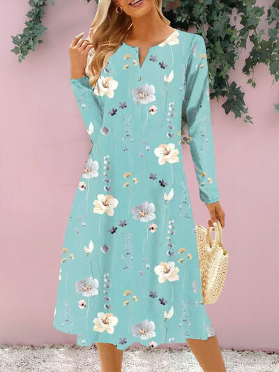 Floral Notched Long Sleeve Midi Dress in 4 Color Choices in Size S, M, L, or XL Pastel Blue