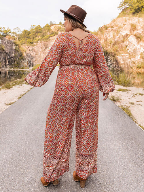 Plus Size Printed V Neck Tie Front Balloon Sleeve Jumpsuit