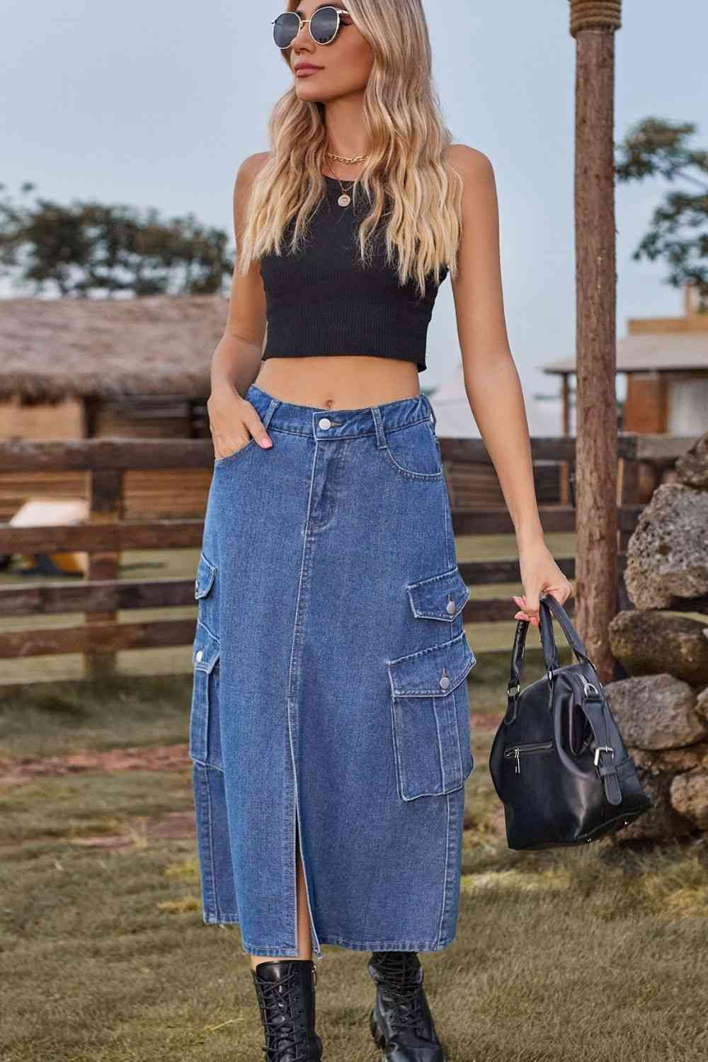 Slit Front Midi Denim Skirt with Pockets in 4 Color Choices in Size S, M, L, XL, or 2X