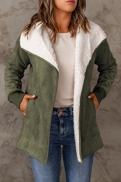 Open Front Long Sleeve Sherpa Jacket with Pockets Army Green