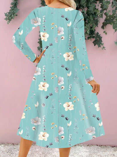 Floral Notched Long Sleeve Midi Dress in 4 Color Choices in Size S, M, L, or XL