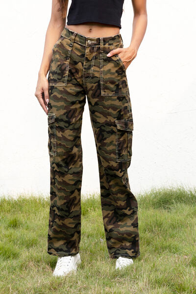 Camouflage Straight Leg Cargo Pants in Size S, M, L, XL Green Camouflage