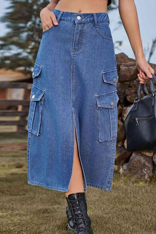 Slit Front Midi Denim Skirt with Pockets in 4 Color Choices in Size S, M, L, XL, or 2X