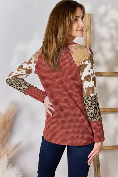 Hailey & Co Full Size Leopard Waffle-Knit Blouse in Size S, M, L, XL, 2XL, or 3XL