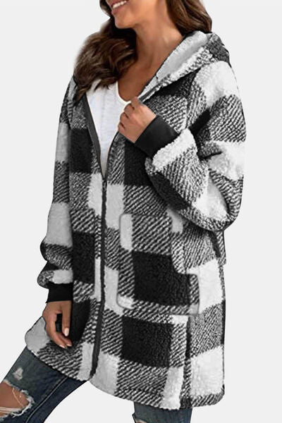 Double Take Full Size Plaid Long Sleeve Hooded Coat in 4 Color Choices in Size S, M, L, XL, 2X, or 3X