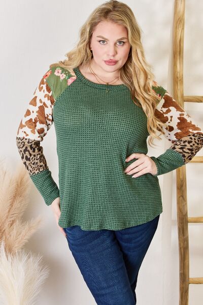 Hailey & Co Full Size Hunter Green Waffle-Knit Leopard Blouse in Size S, M, L, XL, 2XL, or 3XL