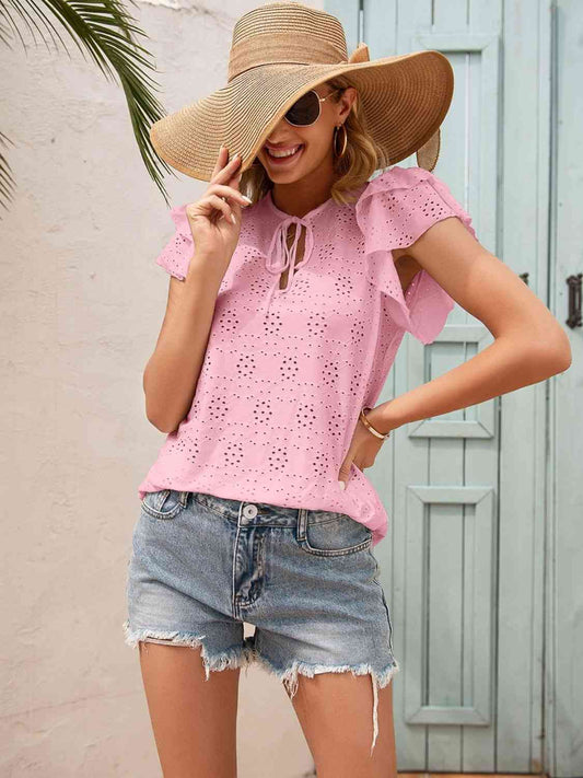 Eyelet Tie Neck Flutter Sleeve Blouse in Size S, M, L, or XL Blush Pink