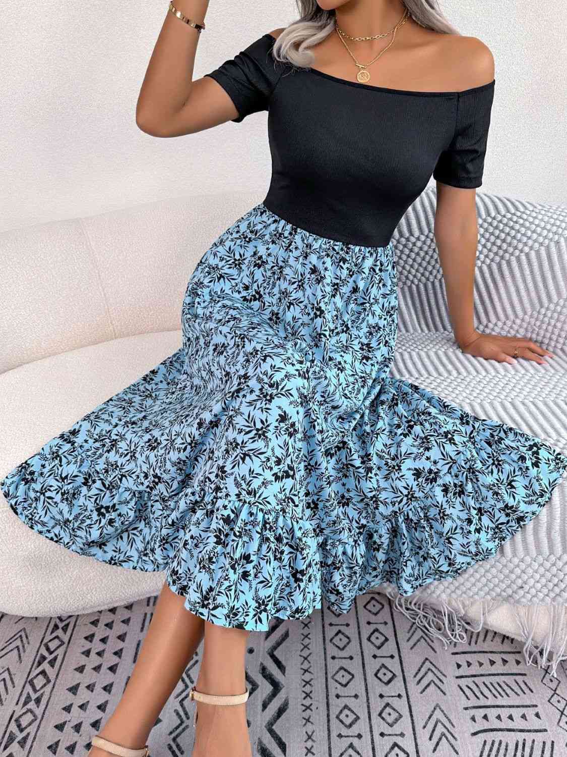 Printed Off-Shoulder Ruffle Hem Dress in Size S, M, L, or XL