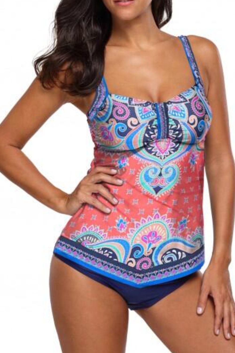 Printed Adjustable Strap Tankini Set in Size M, L, XL, or 2XL