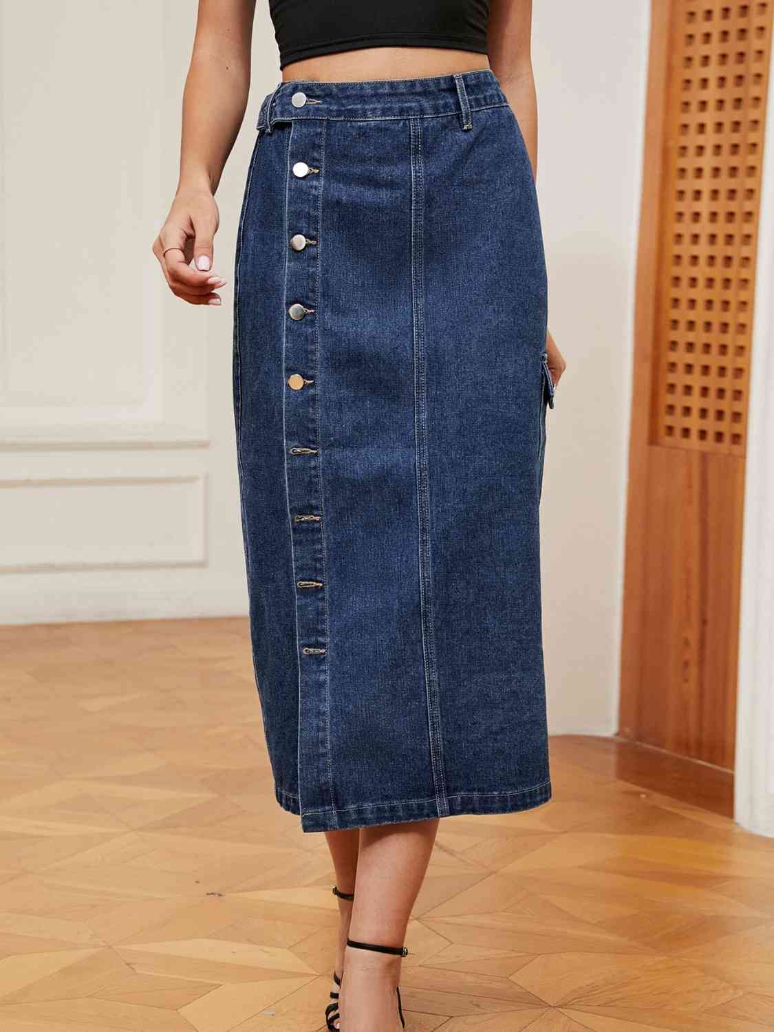 Button Down Denim Skirt in Size S, M, L, XL, or 2X