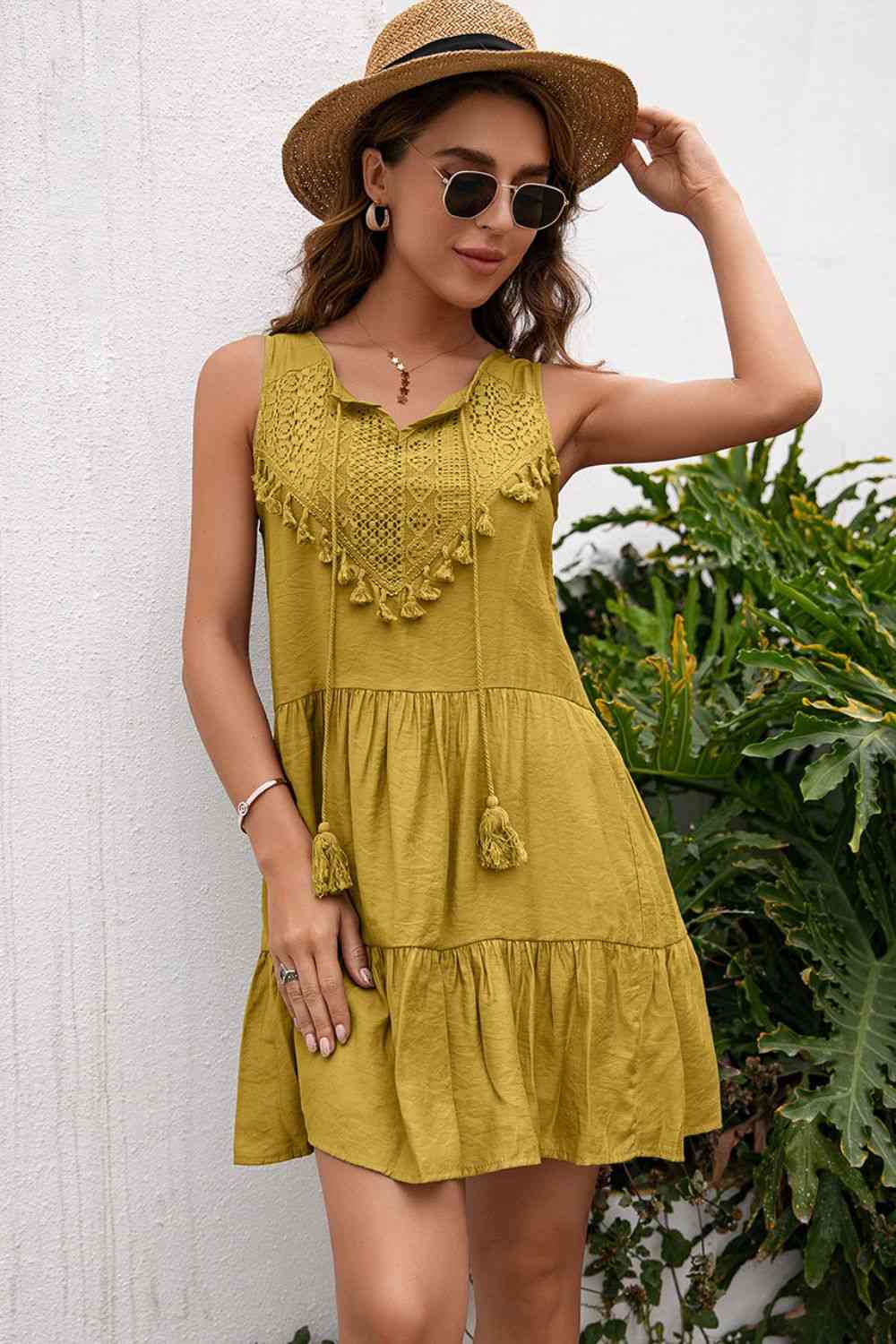 Tassel Tie Lace Trim Sleeveless Dress in 7 Color Choices in Size S, M, L, or XL Straw