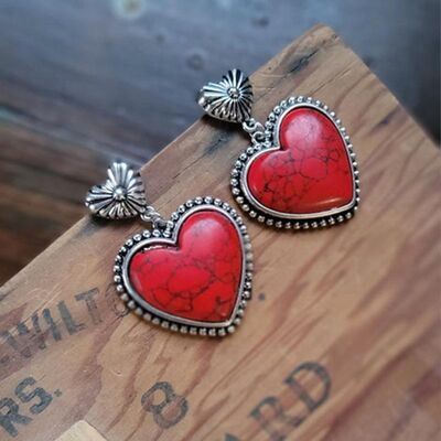 Artificial Turquoise Alloy Heart Dangle Earrings Deep Red One Size