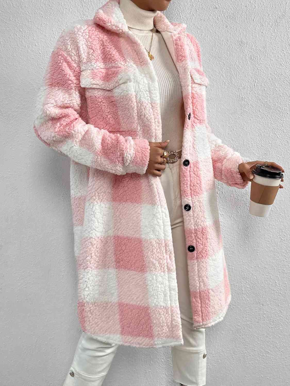 Plaid Collared Neck Button Down Coat Blush Pink