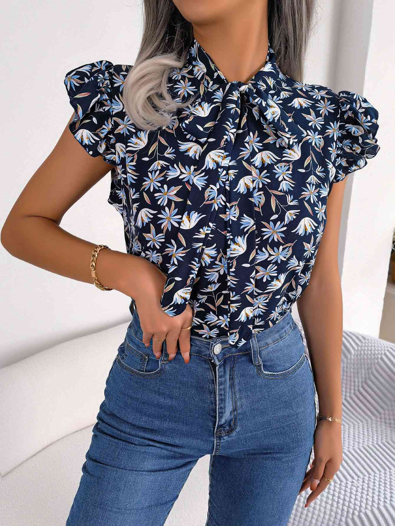 Floral Tie Neck Flutter Sleeve Blouse in 3 Color Choices in Size S, M, L, or XL