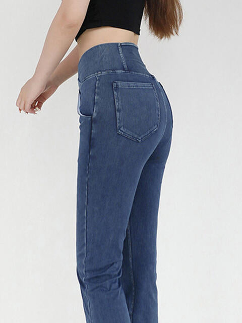 Wide Waistband Bootcut Stretch Jeans with Pockets in 4 Color Choices in Size S, M, L, XL, or 2X