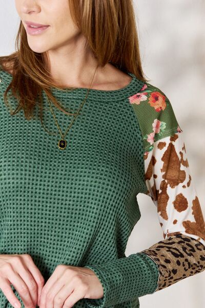 Hailey & Co Full Size Hunter Green Waffle-Knit Leopard Blouse in Size S, M, L, XL, 2XL, or 3XL