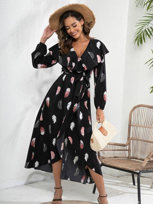 Printed Tie Front Ruffle Trim Long Sleeve Black Dress in Size S, M, or L