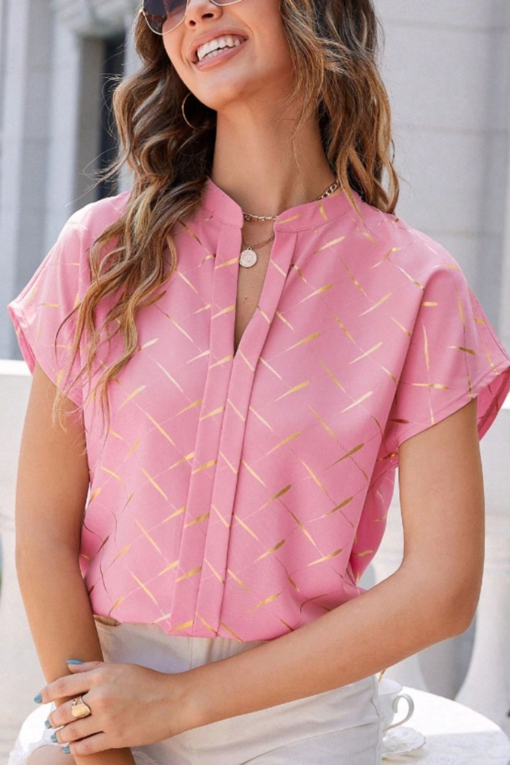 Printed Notched Short Sleeve Blouse in Size S, M, or L Carnation Pink