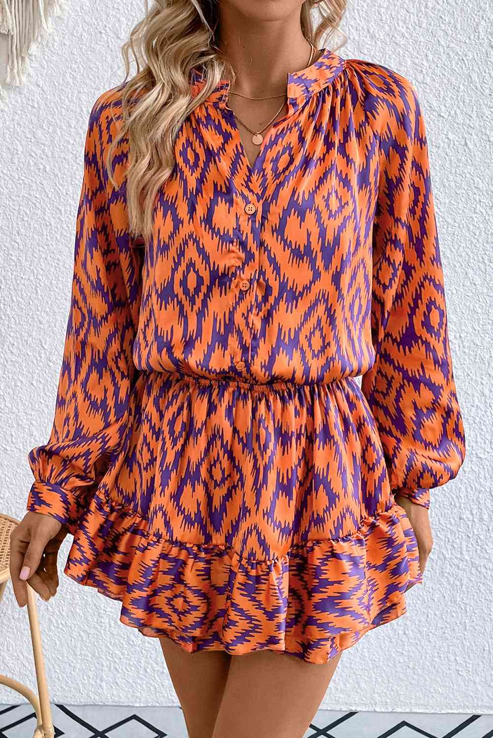 Geometric Notched Neck Romper Orange