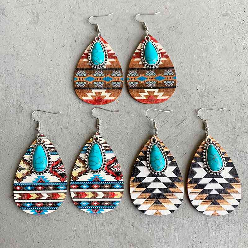 Turquoise Teardrop Shape Wooden Dangle Earrings