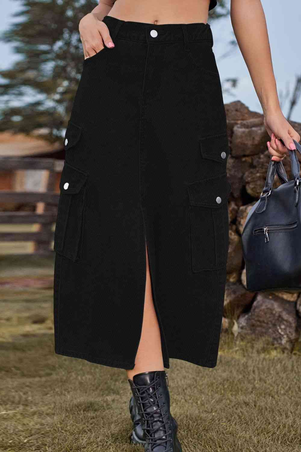 Slit Front Midi Denim Skirt with Pockets in 4 Color Choices in Size S, M, L, XL, or 2X