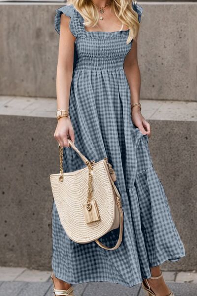 Smocked Ruffled Plaid Ruffle Hem Dress in 4 Color Choices in Size S, M, L, XL, 2X, or 3X Black