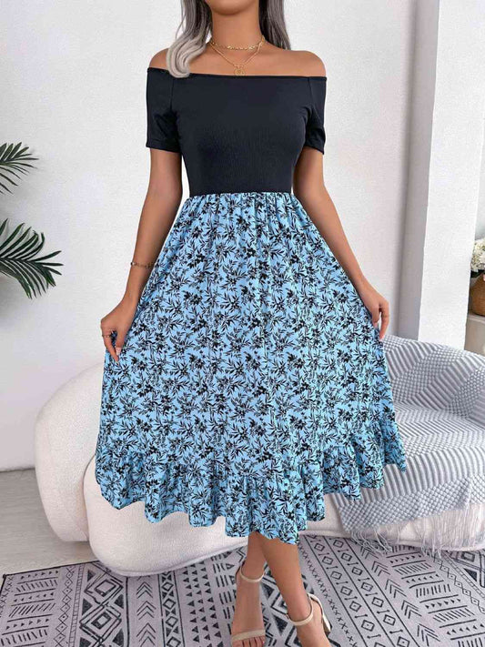 Printed Off-Shoulder Ruffle Hem Dress in Size S, M, L, or XL