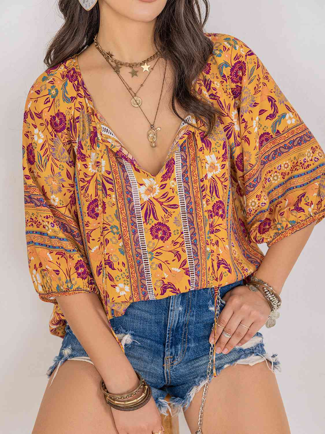 Printed Tie Neck Blouse in Size S, M, L, or XL