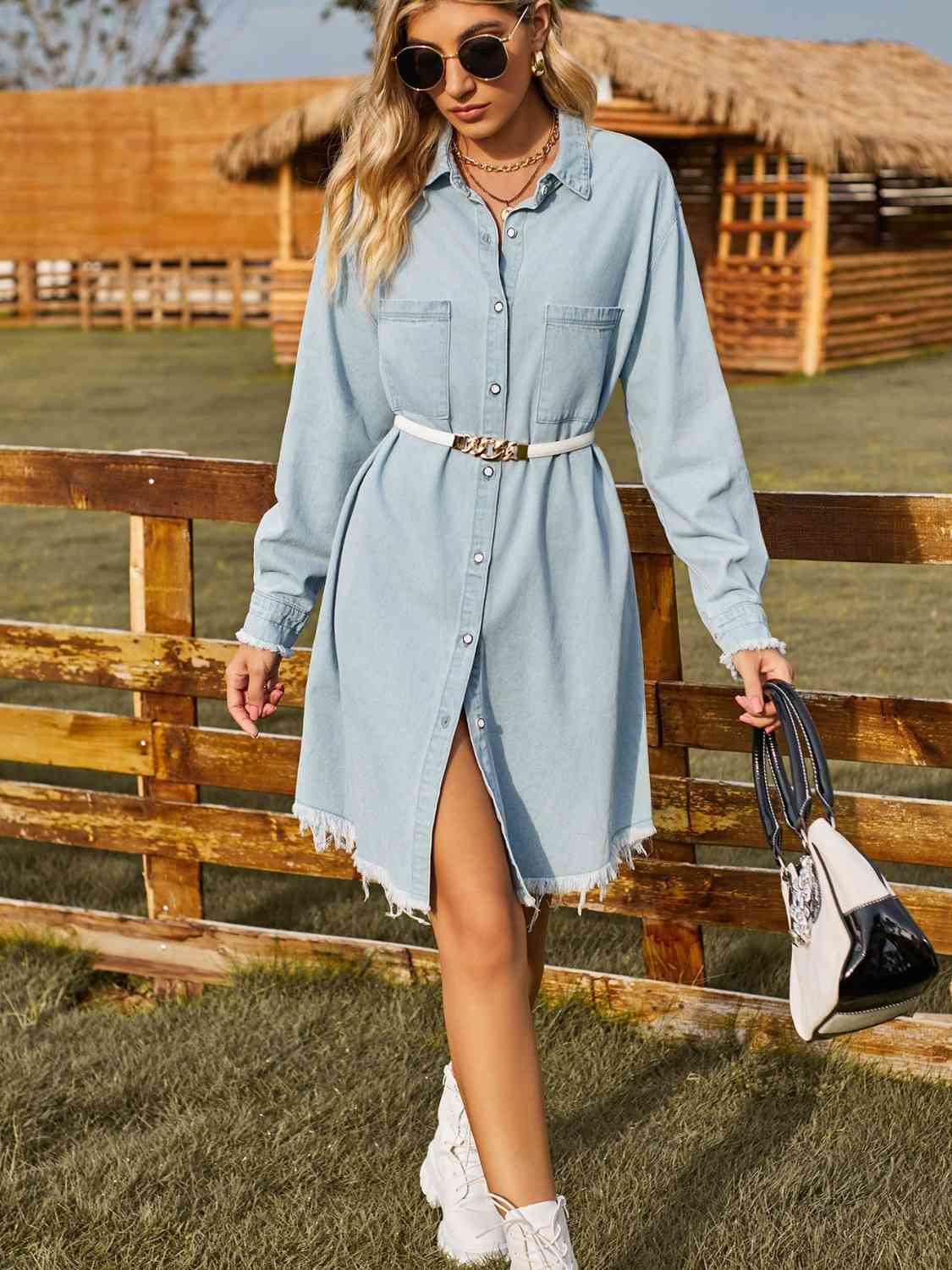 Button Up Collared Neck Raw Hem Denim Dress in 2 Color Choices in Size S, M, L, or XL