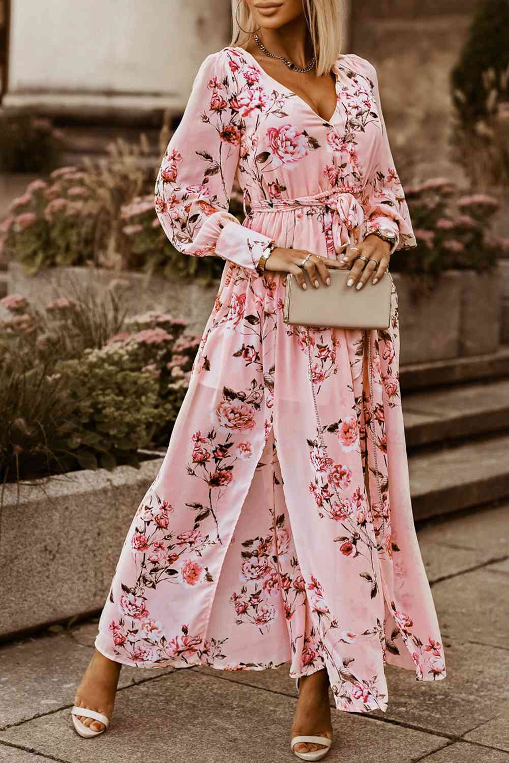 Floral Tie Belt Bishop Sleeve Slit Maxi Dress in Size S, M, L, or XL