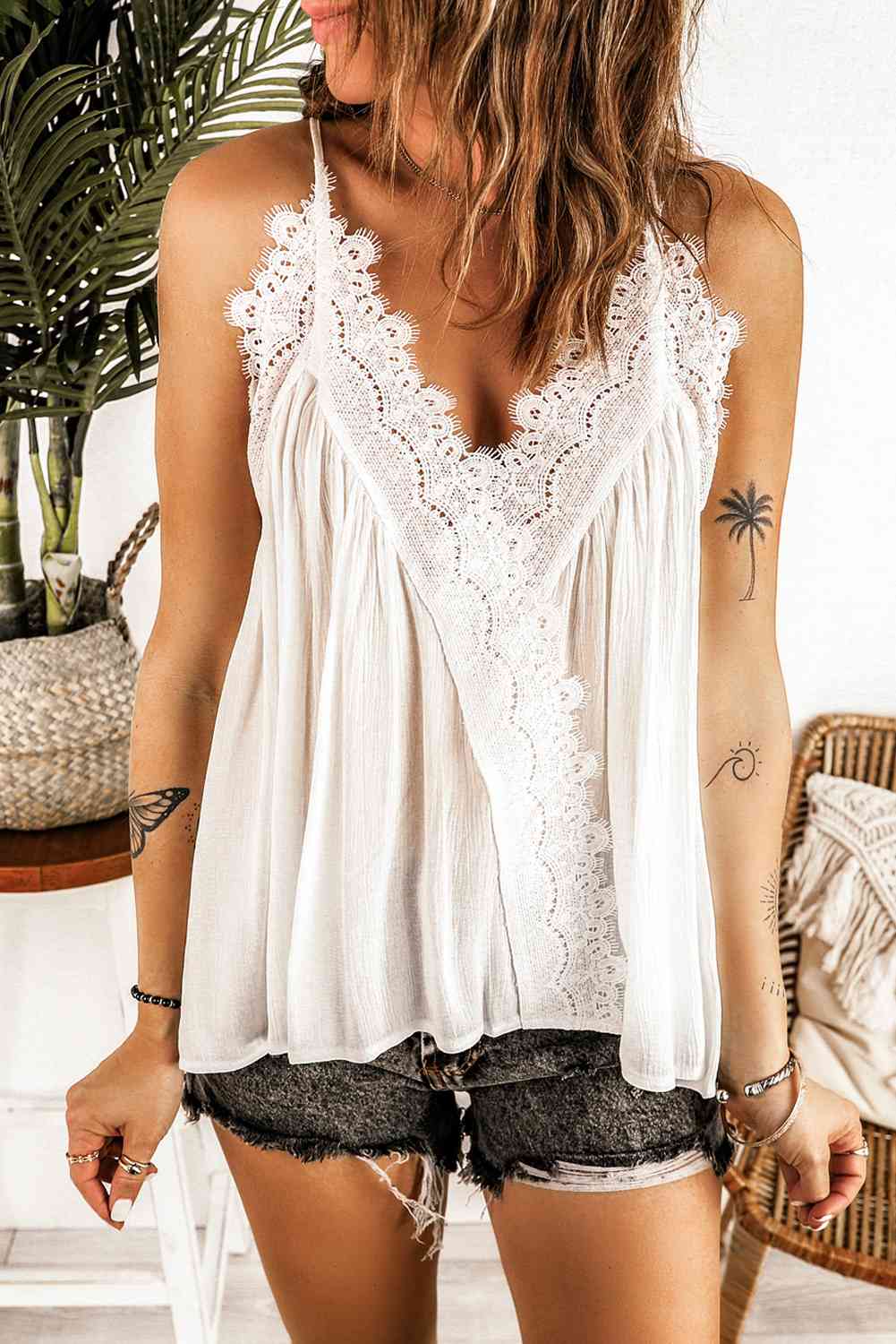 Eyelash Lace Trim Halter Neck Cami in Size S, M, L