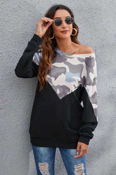 Camouflage Round Neck Long Sleeve Sweatshirt in 4 Color Choices in Size S, M, L, or XL