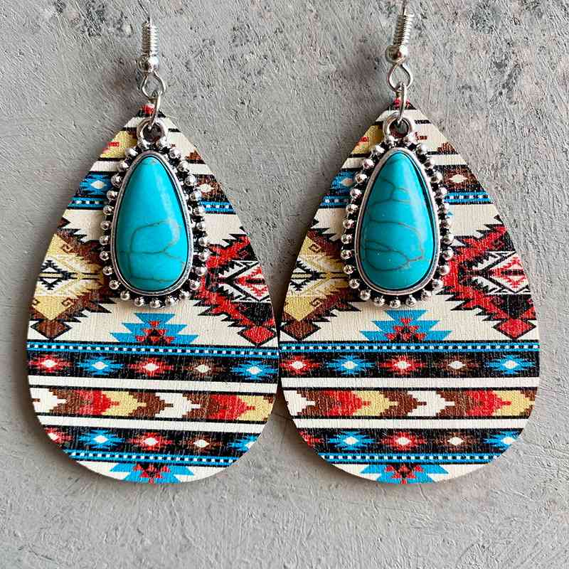 Turquoise Teardrop Shape Wooden Dangle Earrings Style C One Size