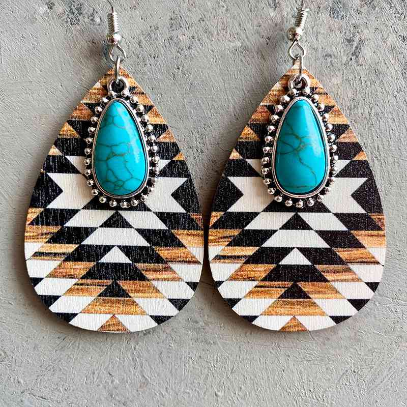 Turquoise Teardrop Shape Wooden Dangle Earrings Style B One Size