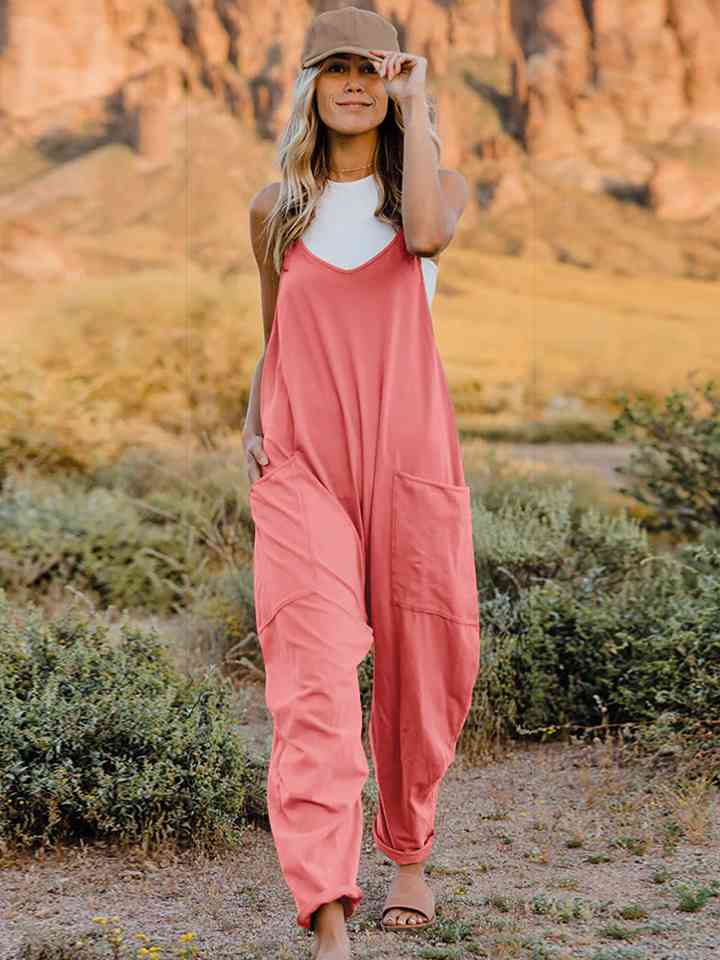 Double Take Full Size Sleeveless V-Neck Pocketed Jumpsuit Coral