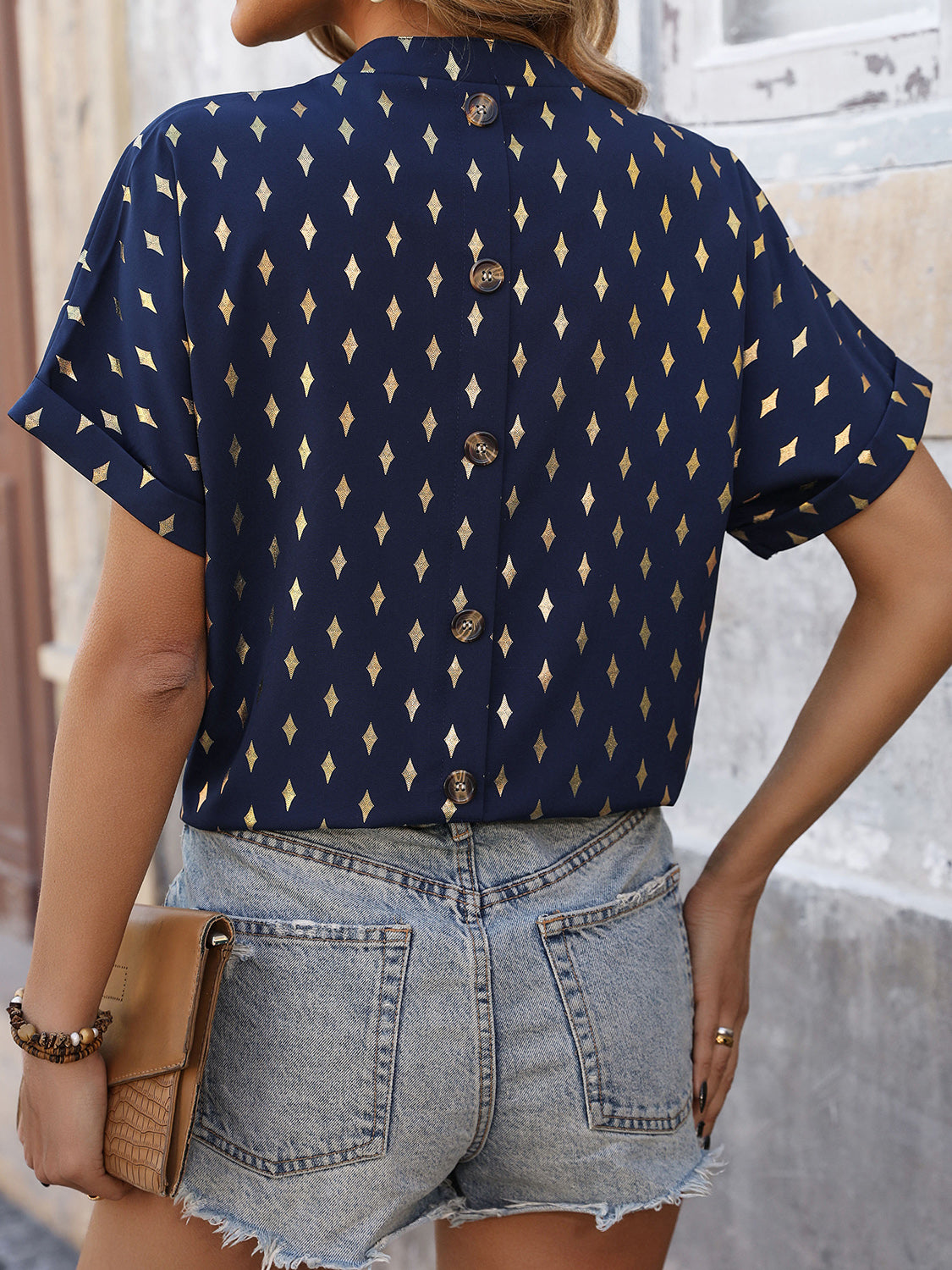 Printed Navy Blue Short Sleeve Blouse in Size S, M, L, or XL